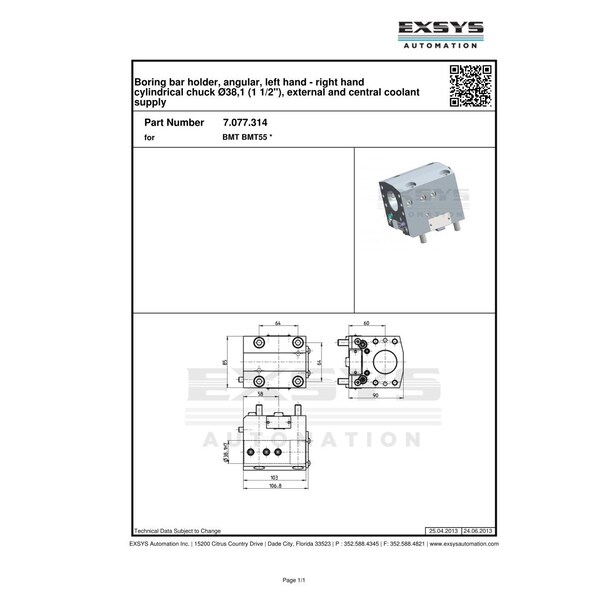 Boring Bar Holder, Left HandRight Hand, 381mm Bore, ExtInt Coolant Supply BMT55